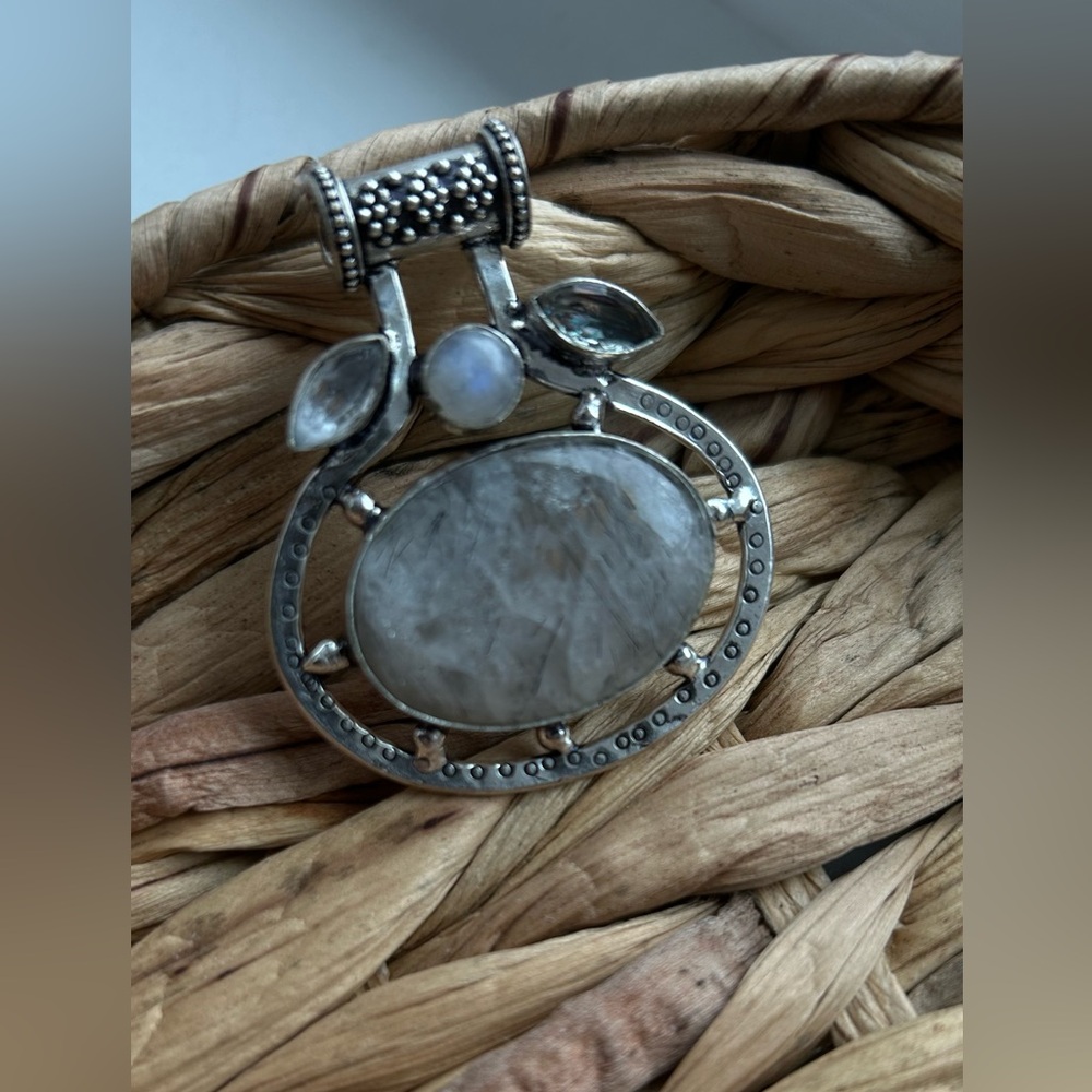 Rainbow Moonstone Gemstone Silver Pendant 925 stamped with carved glass accents
